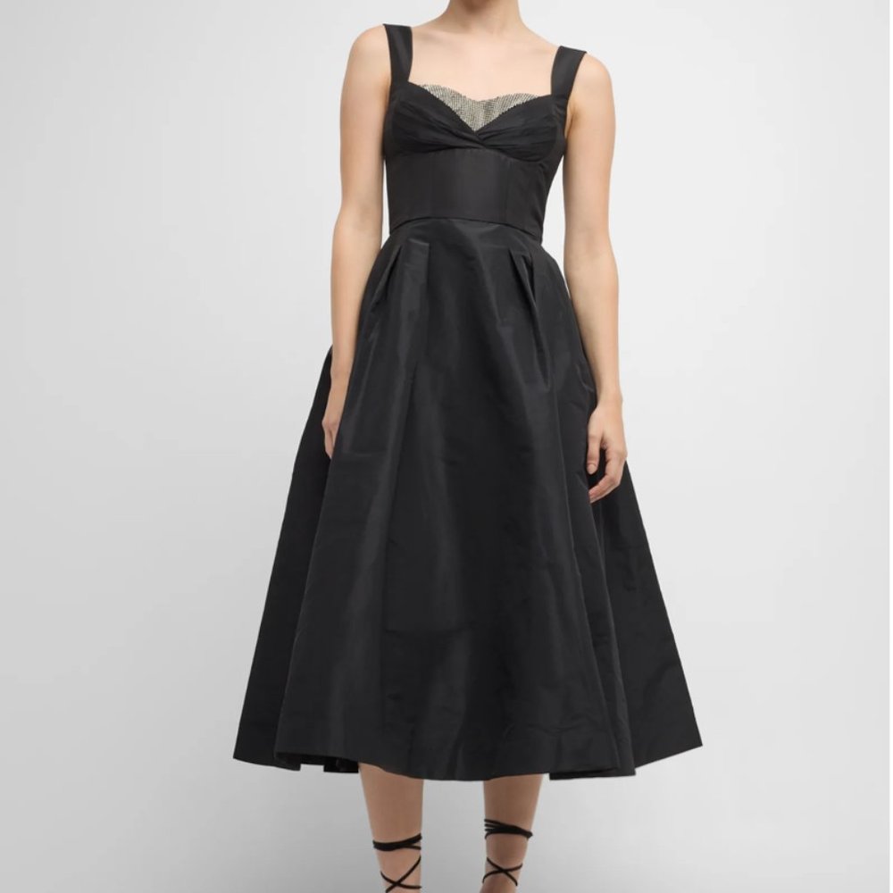 Rebecca Vallance Black Pleated Rhinestone Midi Dress LIKE NEW